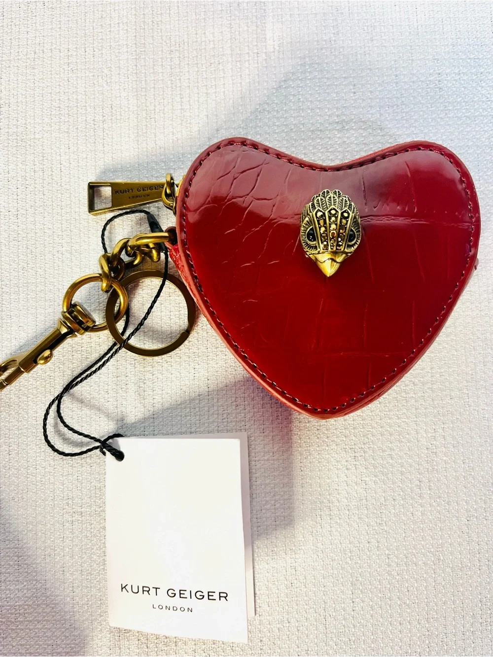 Kurt Geiger Red Croc-Effect Heart Key & Card Holder with Antique Gold Hardware